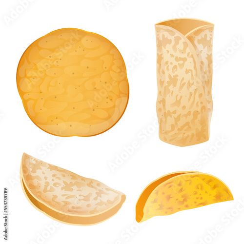 Pita bread, set of tortilla detailed and colorful. Ingredient for Mexican food, cuisine. Latin American food. Colorful vector illustration isolated on white background.