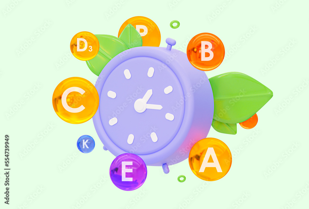 Creative watches with vitamins. With medicinal capsules. The concept that it's time to take vitamins. 3d rendering illustration isolated on a green background Creative watches with vitamins. With medicinal capsules. The concept that it's time to take vitamins. 3d rendering illustration isolated on a green background
