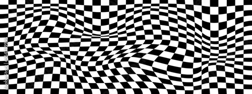 Distorted chessboard background. Psychedelic pattern with black and white squares. Warped race flag texture. Trippy checkerboard surface. Checkered optical illusion