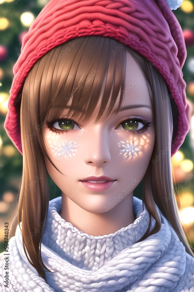 Beautiful woman portrait in front of a winter christmas tree Knit Turtleneck fleece Hat scarf in anime style digital painting illustration Beautiful woman portrait in front of a winter christmas tree Knit Turtleneck fleece Hat scarf in anime style digital painting illustration