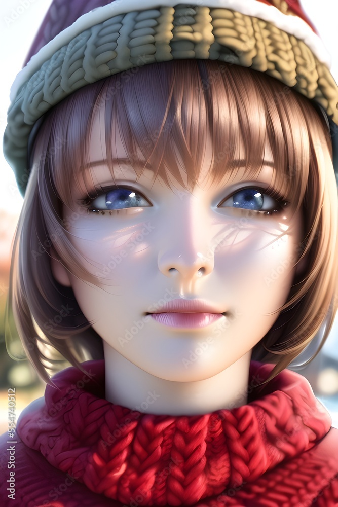 Beautiful woman portrait in front of a winter christmas tree Knit Turtleneck fleece Hat scarf in anime style digital painting illustration Beautiful woman portrait in front of a winter christmas tree Knit Turtleneck fleece Hat scarf in anime style digital painting illustration