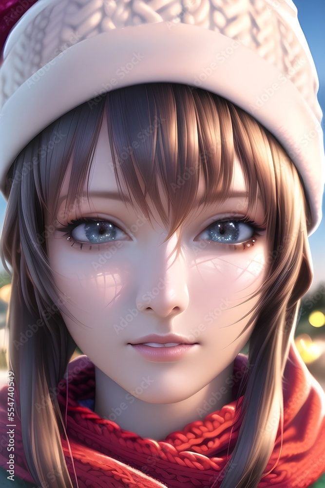 Beautiful woman portrait in front of a winter christmas tree Knit Turtleneck fleece Hat scarf in anime style digital painting illustration Beautiful woman portrait in front of a winter christmas tree Knit Turtleneck fleece Hat scarf in anime style digital painting illustration