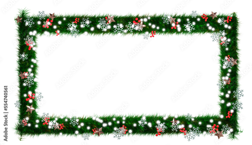 Beautiful christmas wreath with sparkling illumination in the shape of rectangle with snowflake and shiny stars and red berries on transparent background (RGBA 3D Rendering PNG) Beautiful christmas wreath with sparkling illumination in the shape of rectangle with snowflake and shiny stars and red berries on transparent background (RGBA 3D Rendering PNG)
