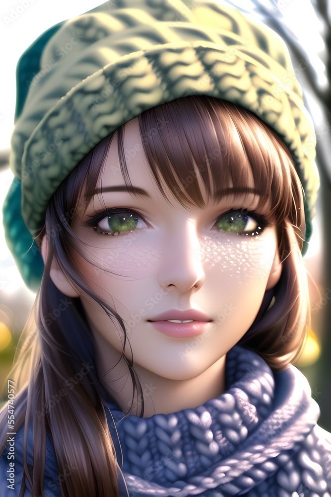 Beautiful woman portrait in front of a winter christmas tree Knit Turtleneck fleece Hat scarf in anime style digital painting illustration Beautiful woman portrait in front of a winter christmas tree Knit Turtleneck fleece Hat scarf in anime style digital painting illustration