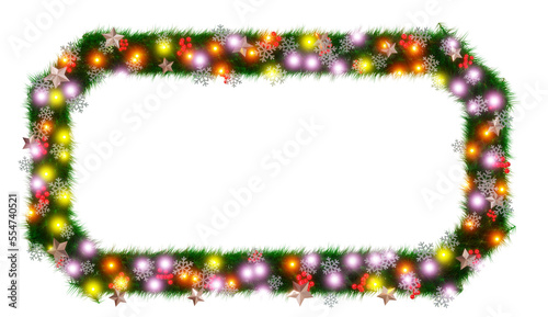 Beautiful christmas wreath with sparkling　illumination in the shape of beveled rectangle with snowflake and shiny stars and red berries on transparent background (RGBA 3D Rendering PNG)