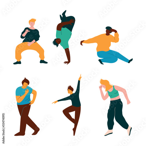 Positive Young Man and Woman Dancing Moving Hands and Legs to Music Rythm Vector Set