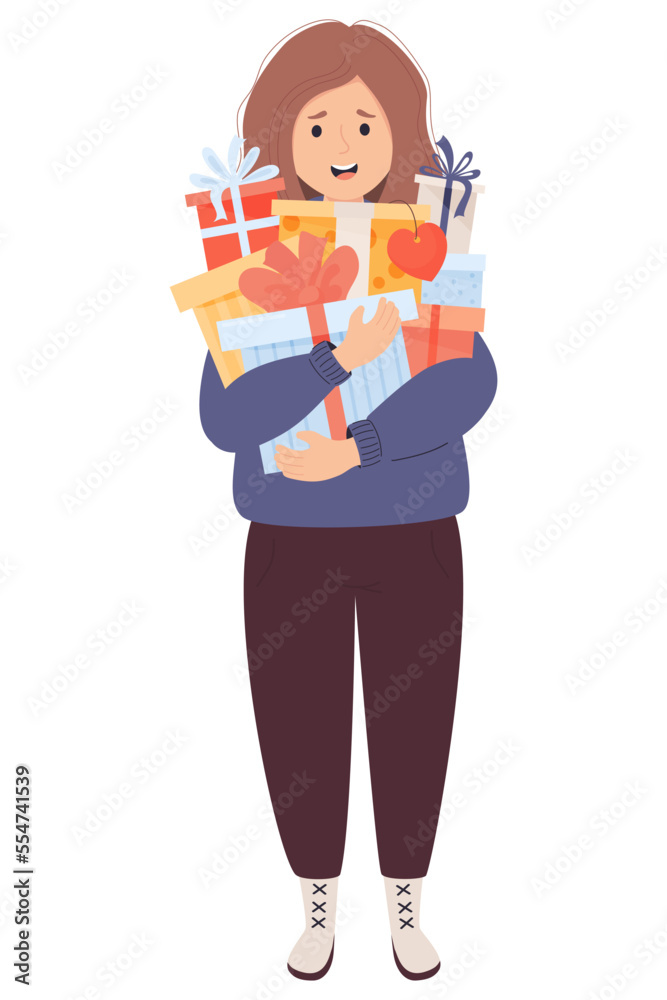 Festive birthday girl. Happy woman holds many gifts and boxes in her hands. Vector illustration in cartoon flat style. Female character for design of holiday themes, gifts and sales. Festive birthday girl. Happy woman holds many gifts and boxes in her hands. Vector illustration in cartoon flat style. Female character for design of holiday themes, gifts and sales.