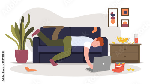 Vector illustration of laziness. Cartoon scene with a guy who lies on the couch and clothes and chips are scattered around the floor on white background.