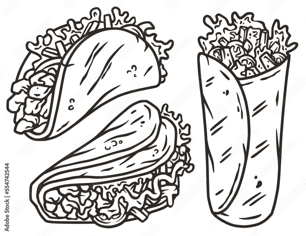 Taco vector set with meat and vegetable for design of logo or emblem. Traditional mexican fast food. Tacos Mexico food with tortilla, leaves lettuce, cheese, tomato, forcemeat, sauce. Taco vector set with meat and vegetable for design of logo or emblem. Traditional mexican fast food. Tacos Mexico food with tortilla, leaves lettuce, cheese, tomato, forcemeat, sauce.