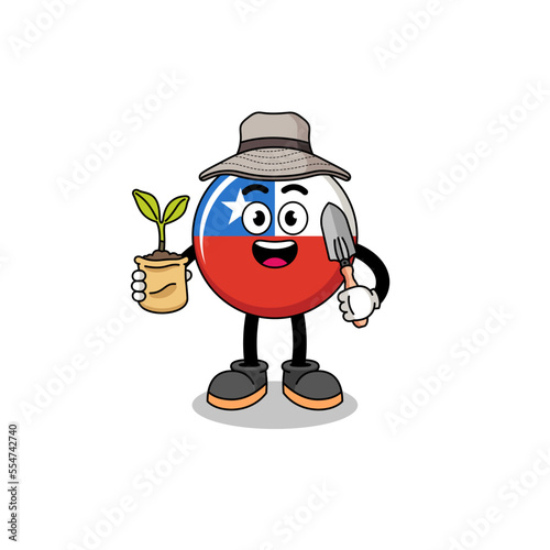 Illustration of chile flag cartoon as a garbage collector