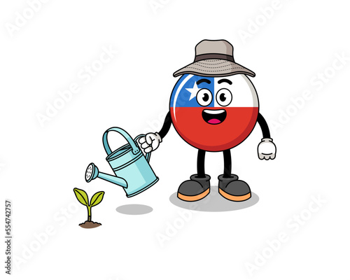 Illustration of chile flag cartoon holding a plant seed