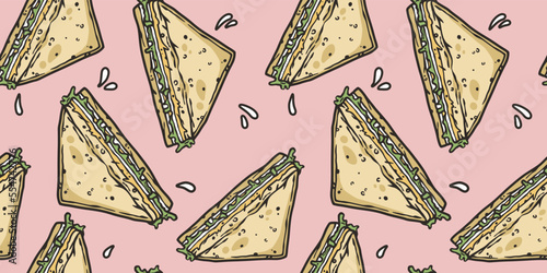 Seamless pattern with sandwiches with meat, cheese and vegetable for design of label or food banner. Breakfast fast food or toasted toast