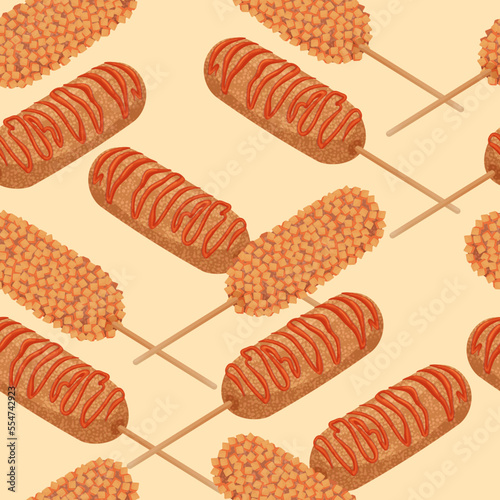 Korean street food - fried corndog with ketchup seamless pattern. Cartoon style hot dogs with sausage, fried in breadcrumbs. Asian food. Colorful vector illustration.