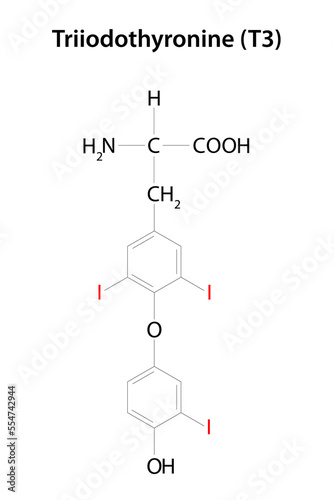 Triiodothyronine (T3).  One of the two major hormones secreted by the thyroid gland. Chemical formula.