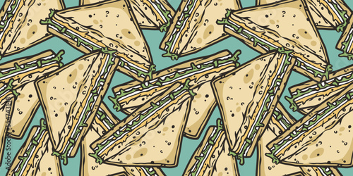 Seamless pattern with sandwiches with meat, cheese and vegetable for design of label or food banner. Breakfast fast food or toasted toast