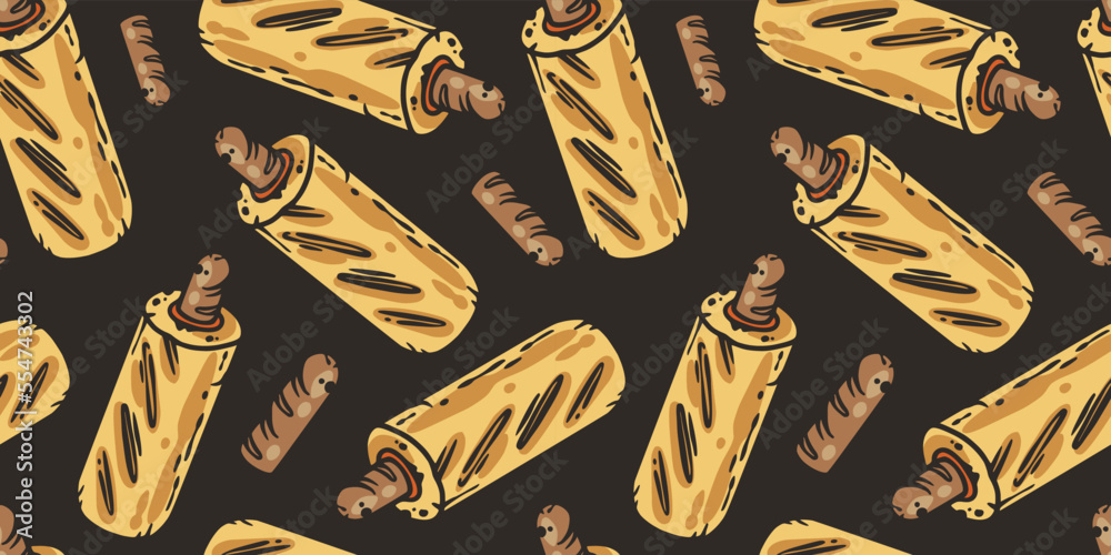Seamless pattern with french hot dog for label or banner. Sausage in a bun with ketchup and mustard for fast food. Vector hotdog for design of street food Seamless pattern with french hot dog for label or banner. Sausage in a bun with ketchup and mustard for fast food. Vector hotdog for design of street food