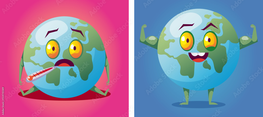Sick ill and happy save planet Earth. Global warming ecological problems concept. Vector flat graphic design element concept illustration Sick ill and happy save planet Earth. Global warming ecological problems concept. Vector flat graphic design element concept illustration