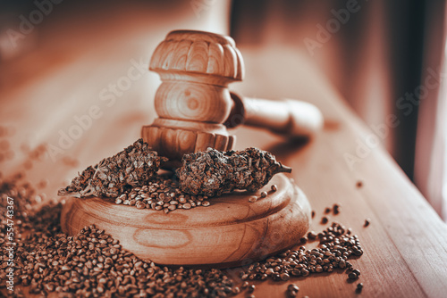 Legality of Medical Cannabis and Seeds, legal and illegal Cannabis, Seeds on the World - Wooden judge hammer and sound block with seeds and flower of marijuana CBD on the pinewood table background.