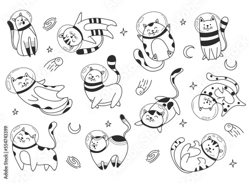 Space astronaut space cute cat pet line art isolated concept set. Vector graphic design element illustration
