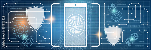 Phone protection, information security, fingerprint scanning vector concept illustration. Web banner, header design template