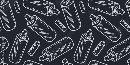 Seamless pattern with french hot dog for label or banner. Sausage in a bun with ketchup and mustard for fast food. Monochrome vector hotdog for design of street food