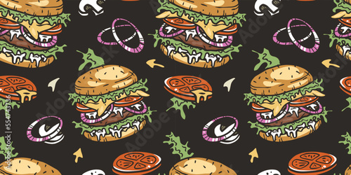 Seamless pattern with burger with meat, cheese and vegetable for design of label, banner or poster. Fast food with bun, lettuce, cheese, tomato, onion, cutlet