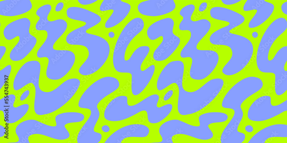 Abstract wavy y2k shape seamless pattern illustration. Modern minimalist art print background of psychedelic curvy shapes on colorful pastel backdrop. Neon fashion fabric, liquid texture design.