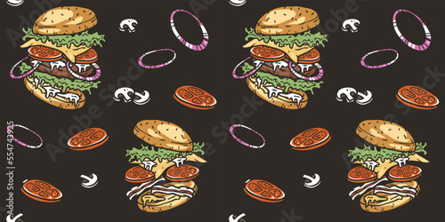 Seamless pattern with burger with meat, cheese and vegetable for design of label, banner or poster. Fast food with bun, lettuce, cheese, tomato, onion, cutlet