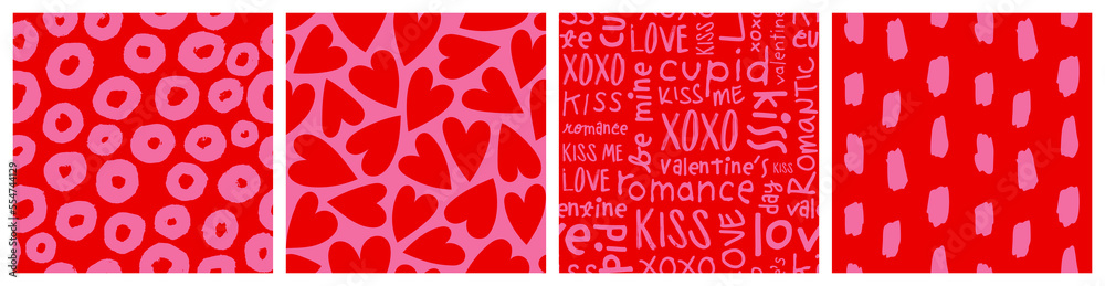 Set of modern abstract valentine's day seamless pattern illustration. Cute romantic love heart background print collection. Valentines backdrop texture, wedding design bundle.