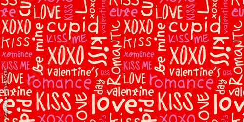 Red love text quote seamless pattern illustration. Cute romantic background word print. Valentine's day handwritten backdrop texture, romantic wedding phrase design.