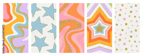 Colorful retro psychedelic background collection. Set of trendy groovy template in vintage style with gold glitter. Hippie 70s poster print bundle includes star shape.
