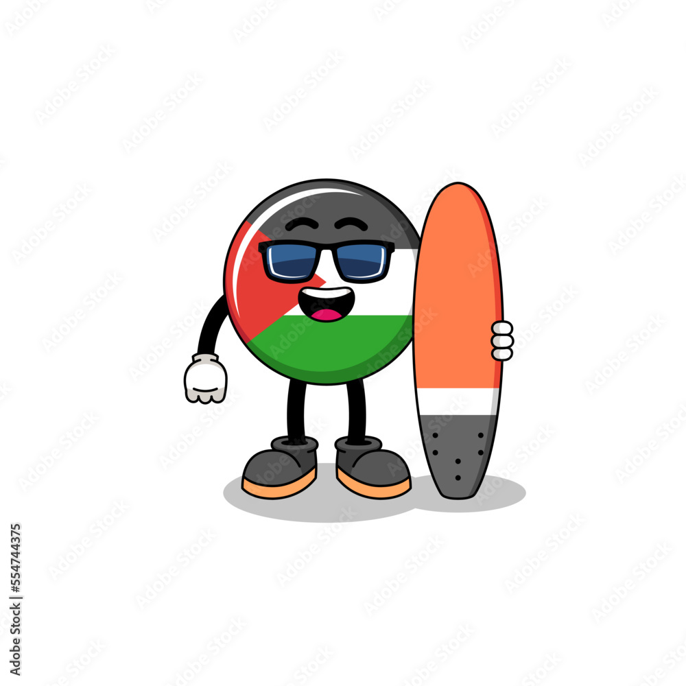 Mascot cartoon of palestine flag as a surfer