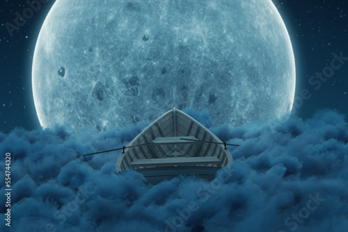3D rendering of abandoned wooden boat over fluffy night clouds. Illuminated from big moon