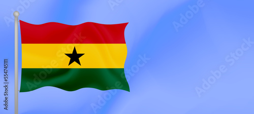 Flag of Ghana waving against the blue sky. Horizontal banner design with Ghana flag with copy space. Vector illustration