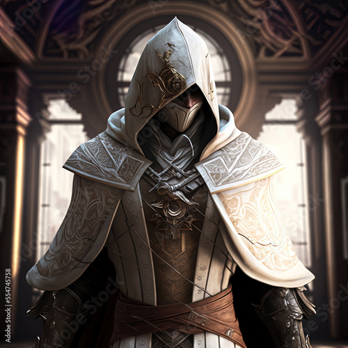 assassins creed cybernetic male in a white magical cloak. AI photo