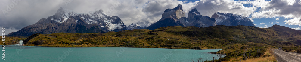 Panoramic view of lake Pehoe and Torres del Paine National Park moutain landscape, Patagonia Chile