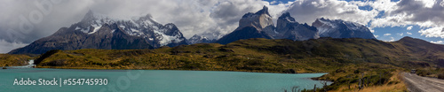 Panoramic view of lake Pehoe and Torres del Paine National Park moutain landscape, Patagonia Chile