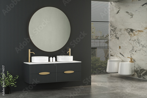 Modern minimalist bathroom interior, modern bathroom cabinet, double sink, interior plants, bathroom accessories, bathtub and toilet, black and marble walls. 3d rendering