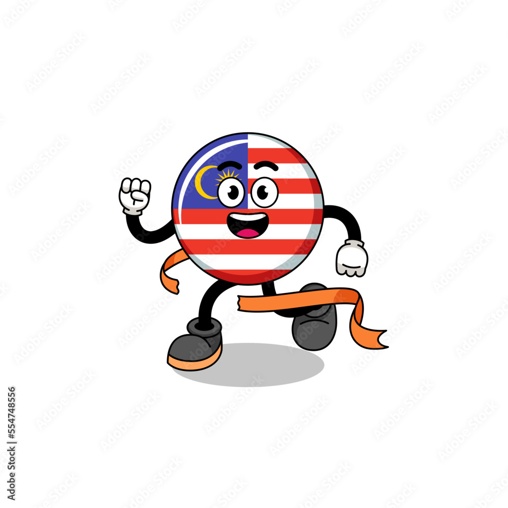 Mascot cartoon of malaysia flag running on finish line