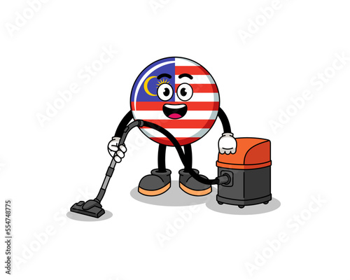 Character mascot of malaysia flag holding vacuum cleaner