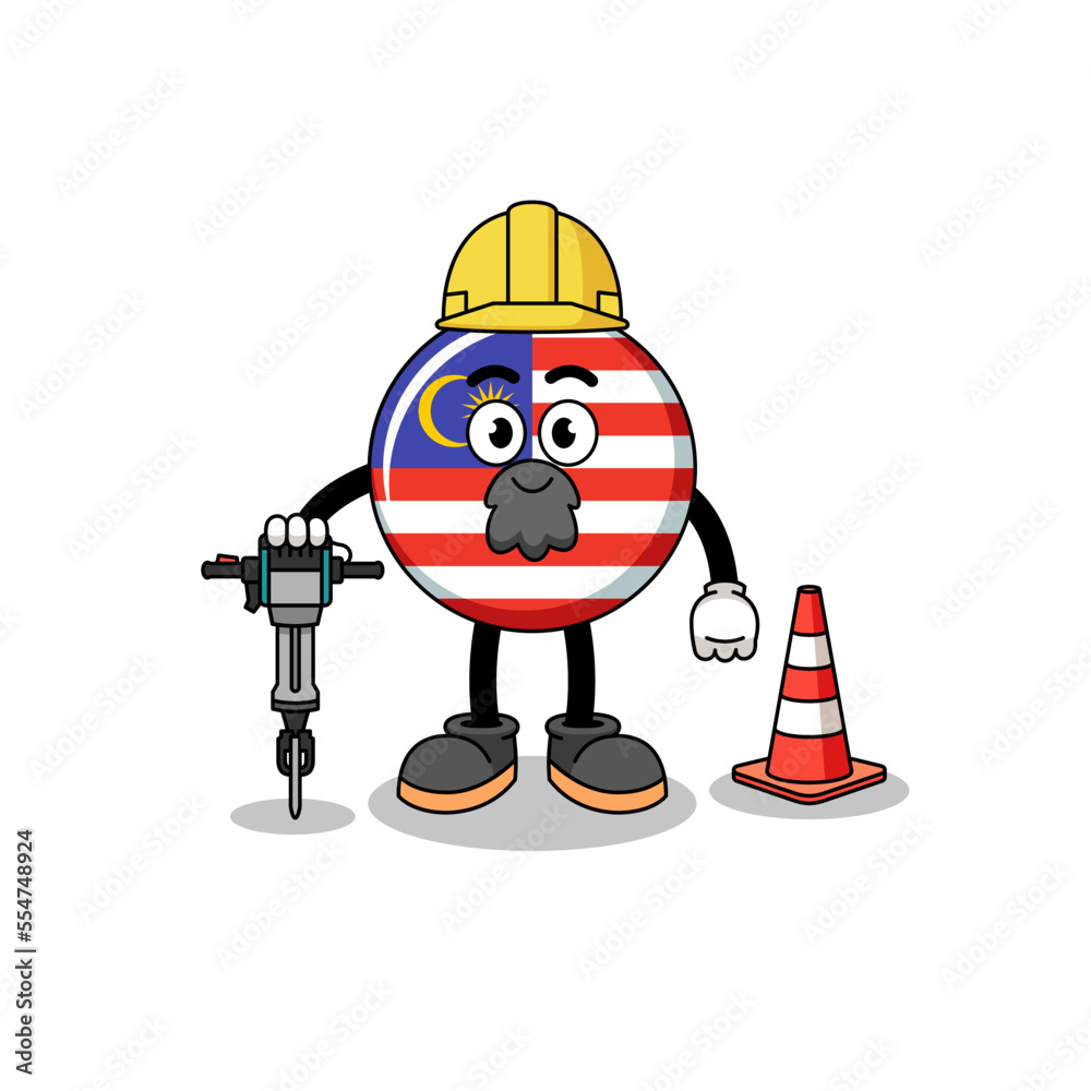 Character cartoon of malaysia flag working on road construction Character cartoon of malaysia flag working on road construction