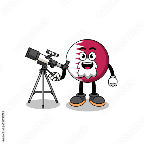 Illustration of qatar flag mascot as an astronomer