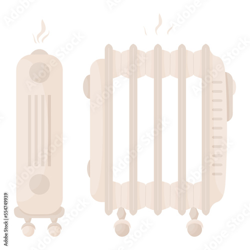 Modern home heater. Battery for space heating. Vector illustration. Two types of electrical appliance radiator in cartoon flat style. isolated on white background.