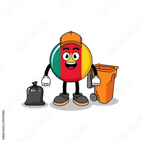 Illustration of cameroon flag cartoon as a garbage collector
