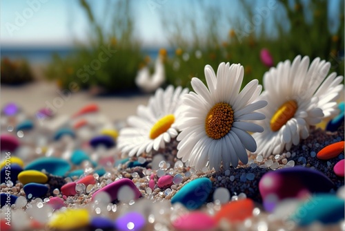 Summer by the white sand beach with many brilliant chrysanthemums