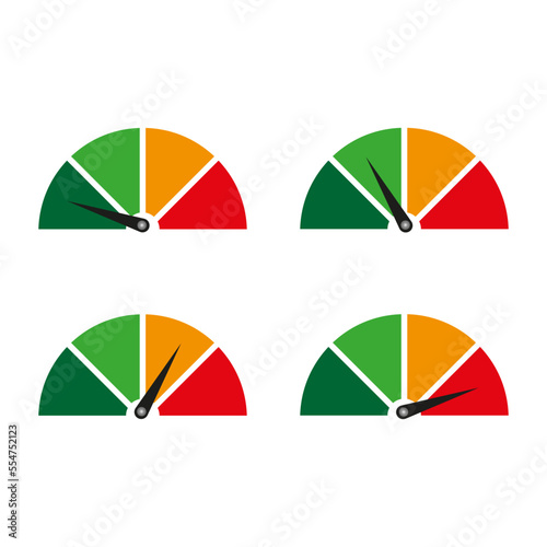 speedometers are different. Speed dial indicator. Speedometer with different indications. Vector illustration. Stock image.