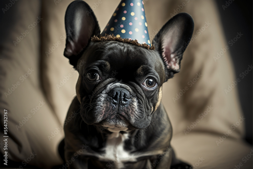 A french bulldog puppy wearing a birthday hat. Generative AI.