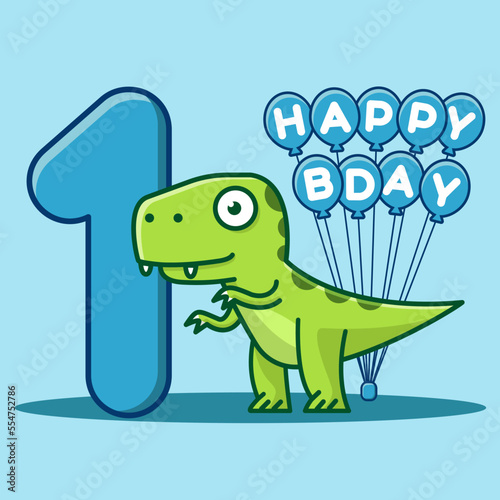 Happy 1st Birthday. Cute invitation card with dinosaur and balloons.