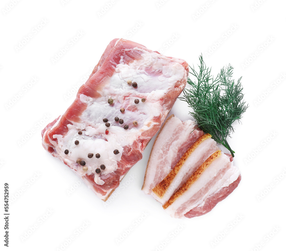 Pieces of pork fatback with dill and spices isolated on white, top view Pieces of pork fatback with dill and spices isolated on white, top view