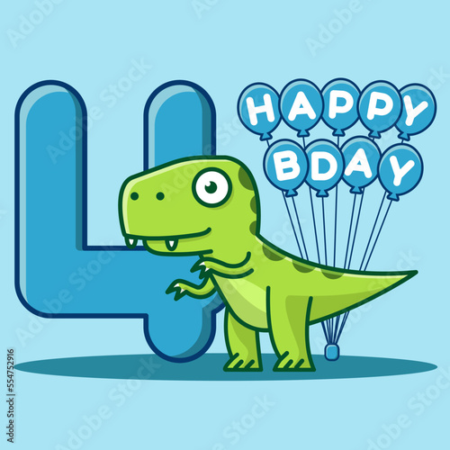 Happy 4th Birthday. Cute invitation card with dinosaur and balloons.